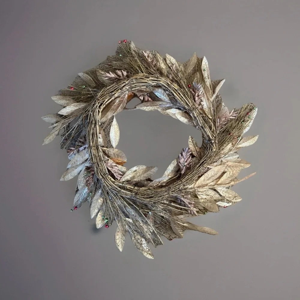 Handmade Festive Faux Wreath Door wall Decor Rattan Bells Gold Silver Pine